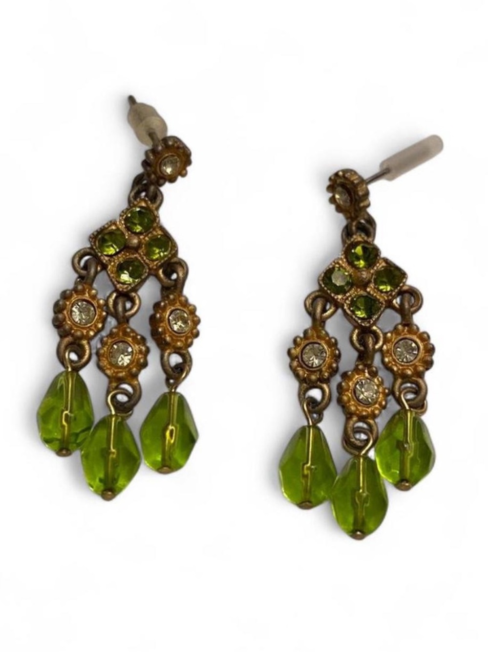 Vintage Beaded Green and Gold Small Dangly Earrings